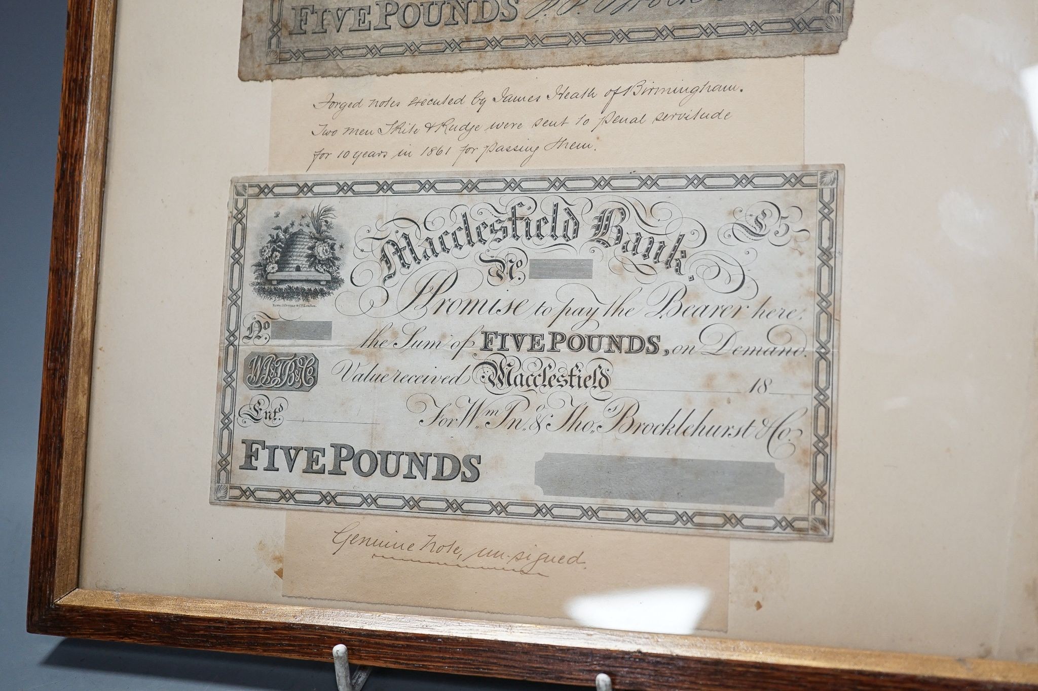 Three framed £5, Macclesfield bank notes, mid 19th century.
